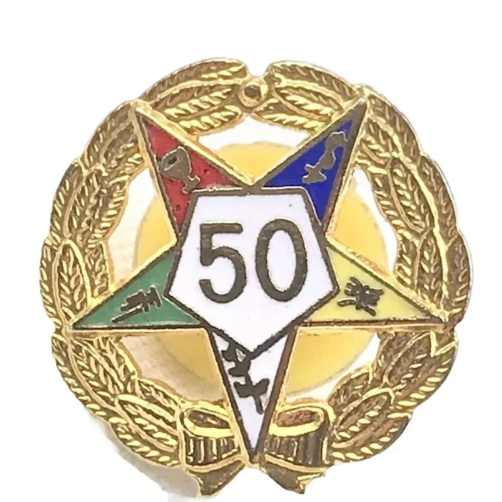 Secret Society Fraternity OES Masonic 50 Star Wreath Metal Pin Brooch Gold Tone